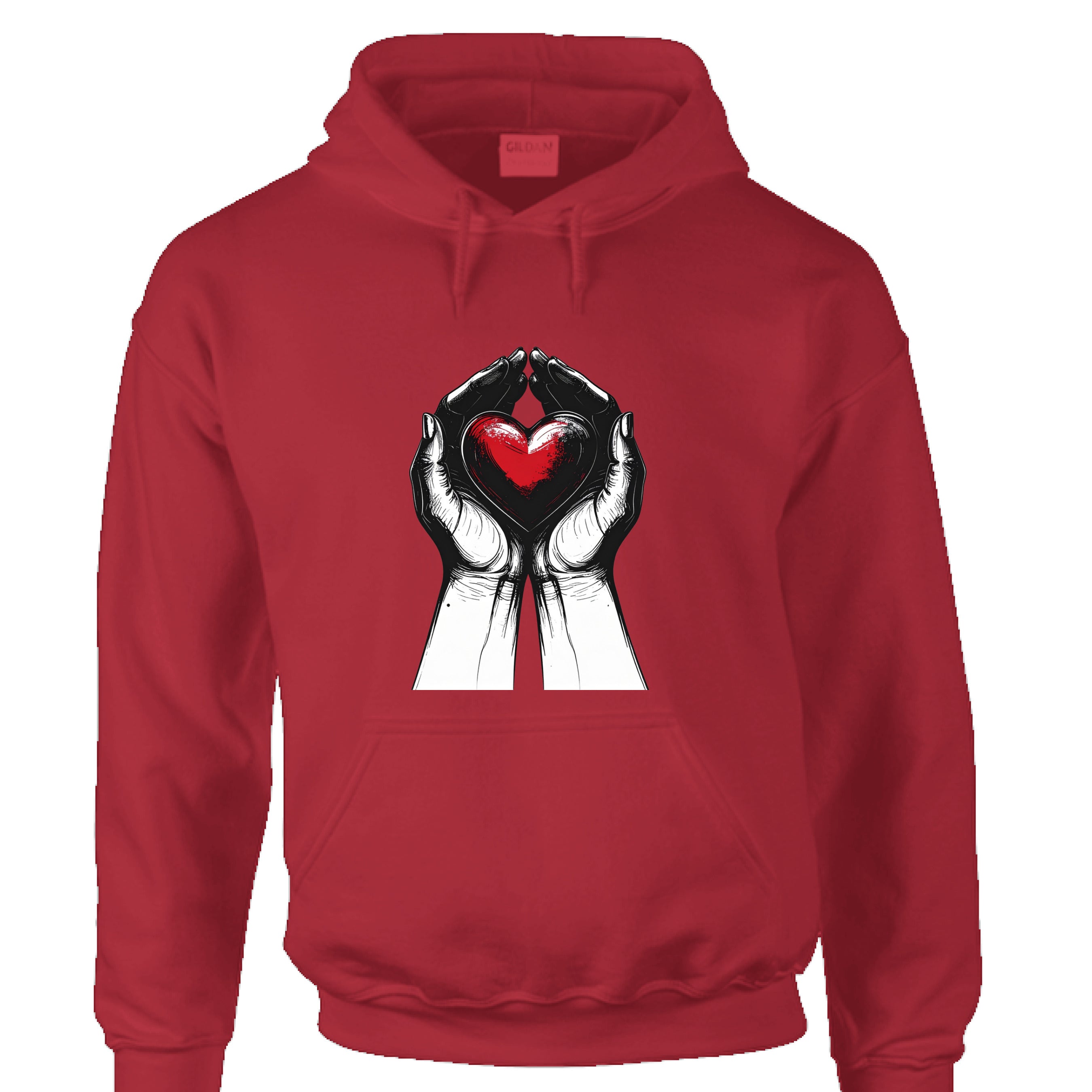 Red hoodie with a graphic of hands holding a red heart on a white background