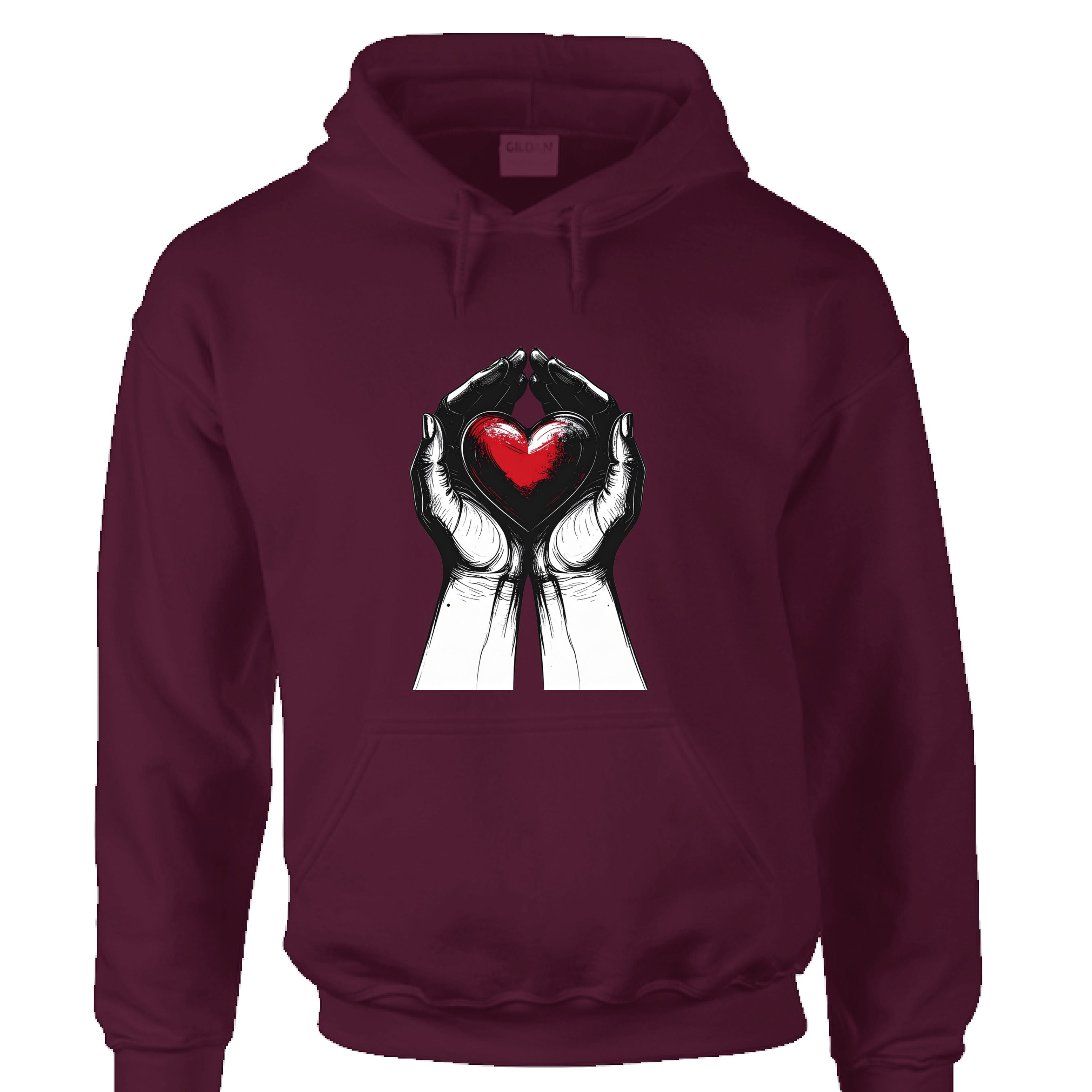 Maroon hoodie with graphic of hands holding a red heart on a white background