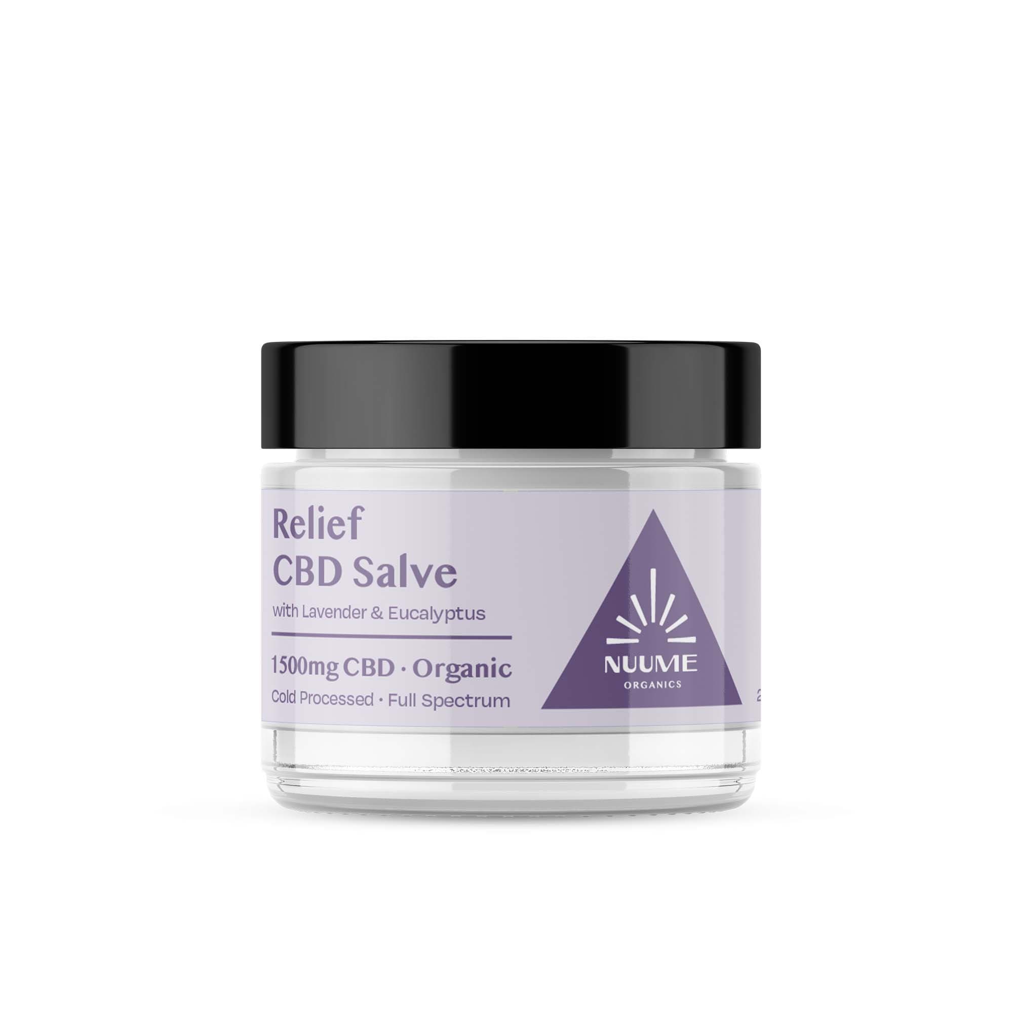 Jar of Relief CBD Salve with Nuume Organic label on a white background